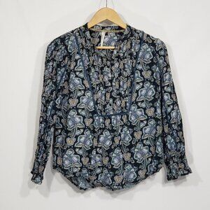Anthropologie  Blue Floral Pin Tuck Long Sleeve Blouse  Size Small Button Front